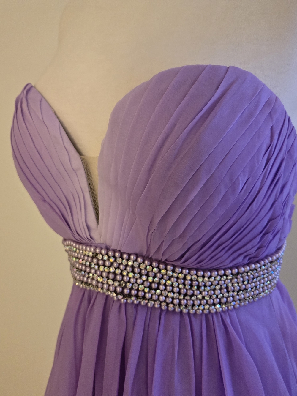 La Femme Lavender to White Ombre Wisteri Strapless Evening Gown Beaded Waist - Picture 3 of 10